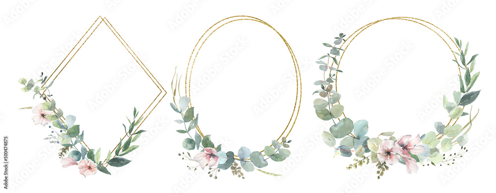 Hand drawn watercolor wreaths and frames made of eucalyptus leaves and branches with gold. for cards, wedding invitations, posters, backgrounds, business cards, scrapbooking, notepads, Hand drawn watercolor wreaths and frames made of eucalyptus leaves and branches with gold. for cards, wedding invitations, posters, backgrounds, business cards, scrapbooking, notepads,