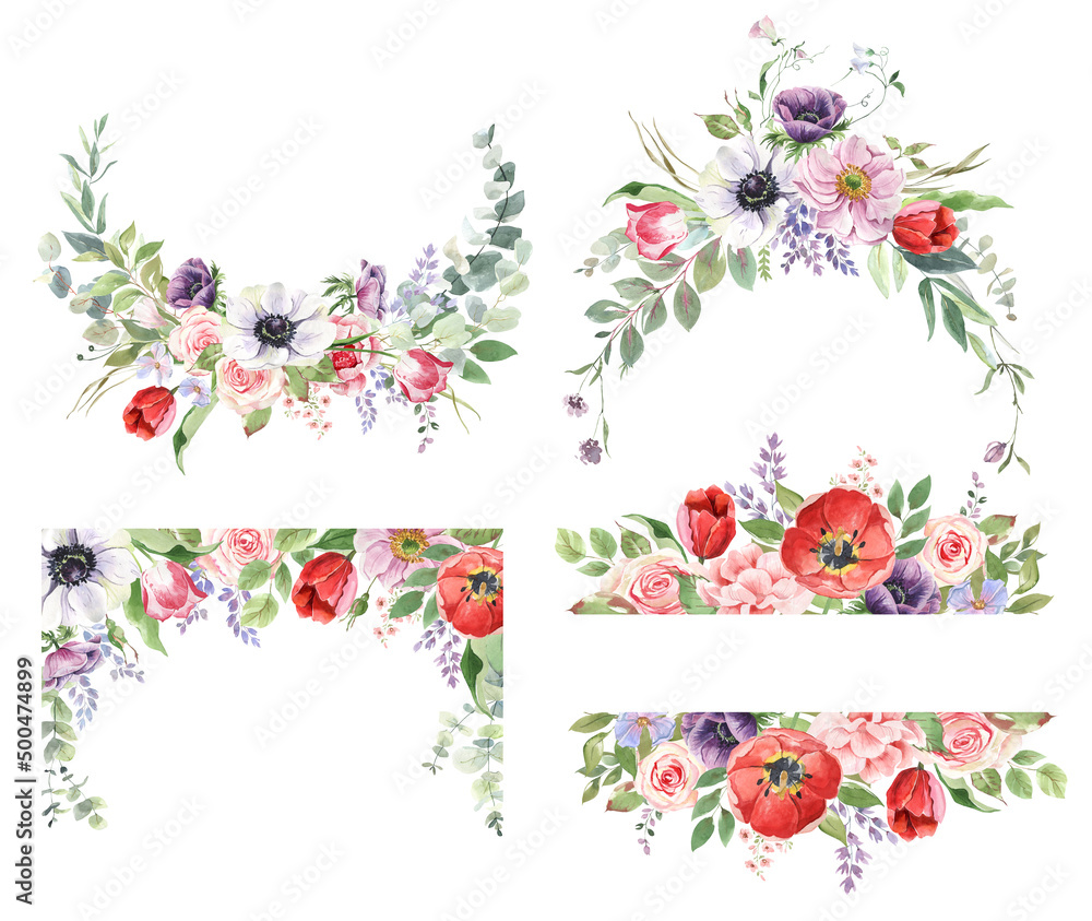Watercolor frames and wreaths of spring flowers with golden geometric frames. Bouquets and borders, drawn by hand. For wedding invitation, greeting cards, posters, scrapbooking Watercolor frames and wreaths of spring flowers with golden geometric frames. Bouquets and borders, drawn by hand. For wedding invitation, greeting cards, posters, scrapbooking
