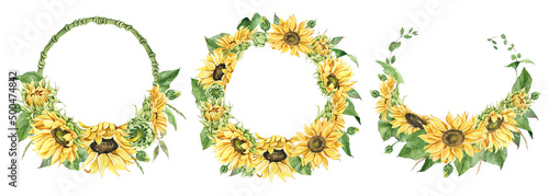 Hand drawn frames and wreaths of sunflowers and green leaves for cards, wedding invitations, posters, backgrounds, business cards, scrapbooking, notebooks,