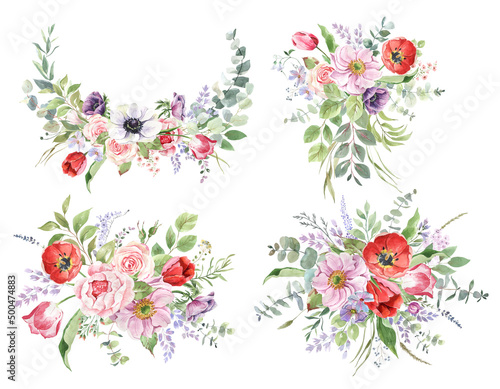 Wallpaper Mural Watercolor frames and wreaths of spring flowers with golden geometric frames. Bouquets and borders, drawn by hand. For wedding invitation, greeting cards, posters, scrapbooking Torontodigital.ca