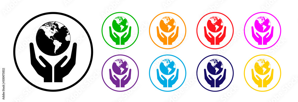 Hands hold the earth, World Environment Day. Icon in different colors. Hands hold the earth, World Environment Day. Icon in different colors.