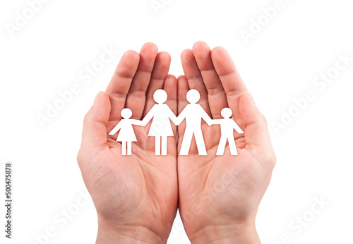 Fotografi Family insurance concept with paper family cutout in hands isolated on white bac