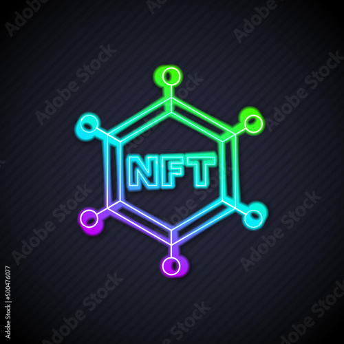 Glowing neon line NFT blockchain technology icon isolated on black background. Non fungible token. Digital crypto art concept. Vector