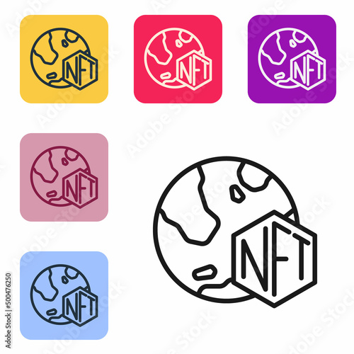 Black line NFT Digital crypto art icon isolated on white background. Non fungible token. Set icons in color square buttons. Vector