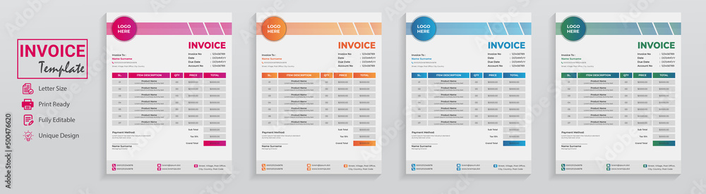 Minimal invoice template design. Trendy clean invoice form used as cash memo receipt for business grocery restaurant technology company.