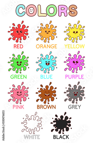 Cute colored blots with smiling faces. Color names for kids learning. Big vector set of colors.