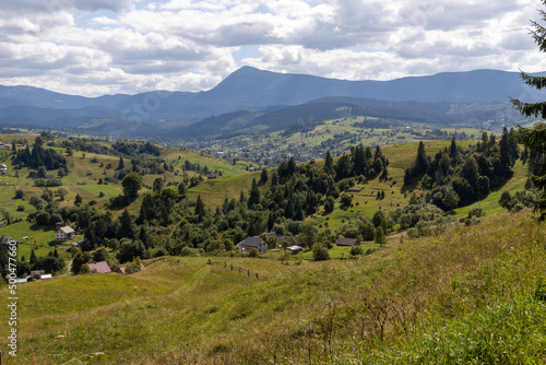 Panorama of mountains in the Ukrainian Carpathians on a summer day.