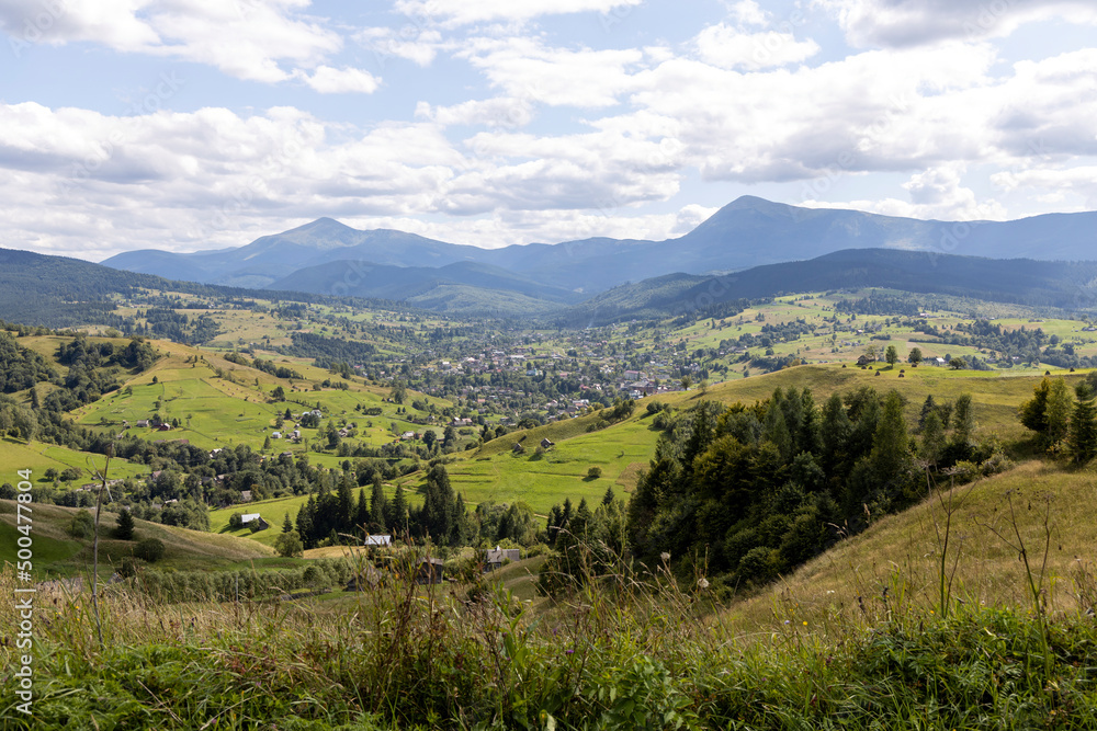 Panorama of mountains in the Ukrainian Carpathians on a summer day.