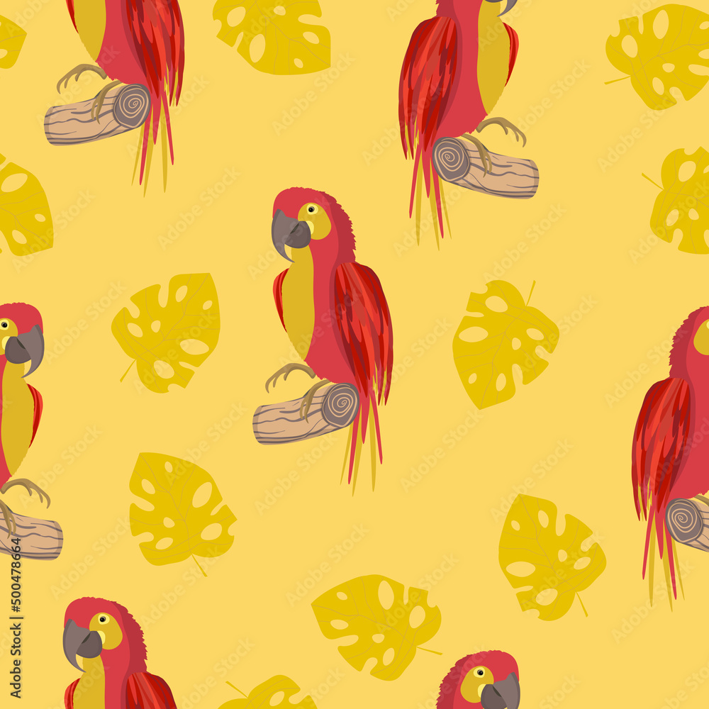Obraz premium Seamless pattern with cute cartoon parrot bird on branch. Vector illustration for wallpaper, fabric, textile. Summer exotic print. Tropical parrot with floral monstera leaves