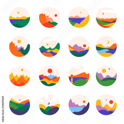 Landscapes and meadows, valley and nature icons
