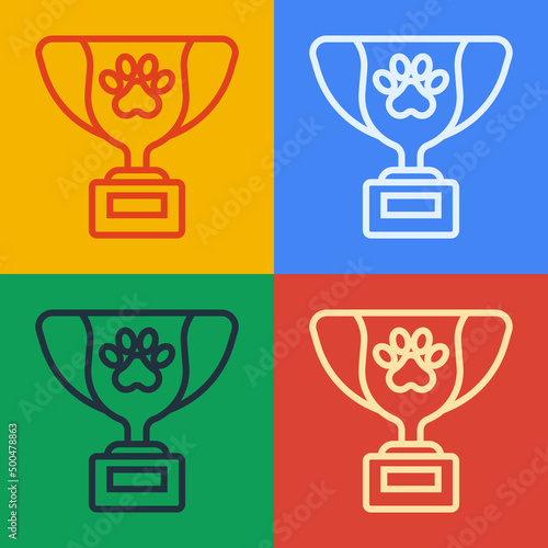 Pop art line Pet award symbol icon isolated on color background. Medal with dog footprint as pets exhibition winner concept. Vector