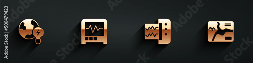 Set Global planet with bulb, Seismograph, and Topographic map icon with long shadow. Vector