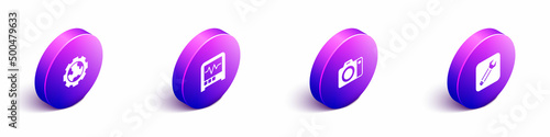 Set Isometric Gear wheels and earth, Seismograph, Photo camera and Wrench spanner icon. Vector