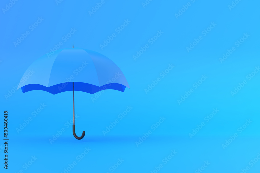 Blue umbrella on a blue background. Minimal creative concept. 3D rendering 3D illustration