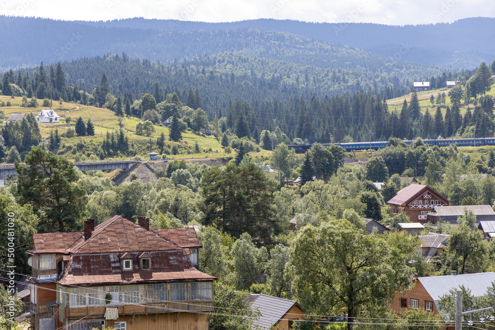 Buildings in a settlement in the mountainous Carpathians.