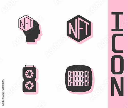 Set Binary code, NFT Digital crypto art, Video graphic card and icon. Vector