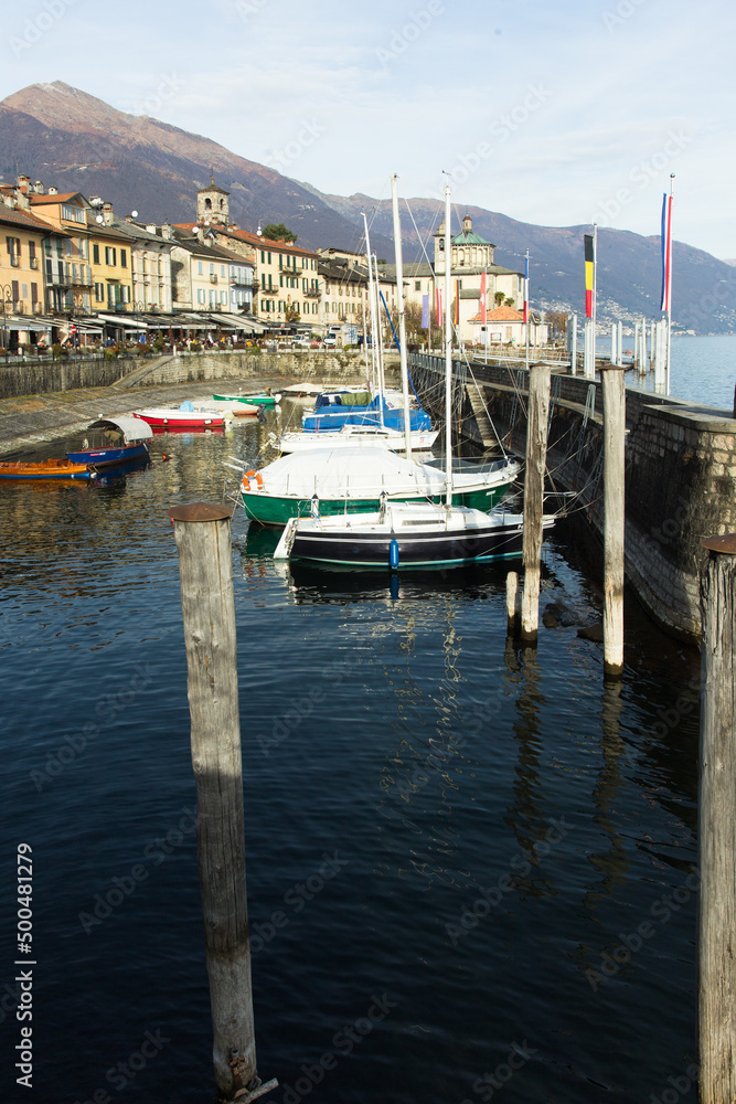 Cannobio. ITALIA - January 03, 2022: Embankment of Cannobio on the lake Maggiore in the winter afternoon