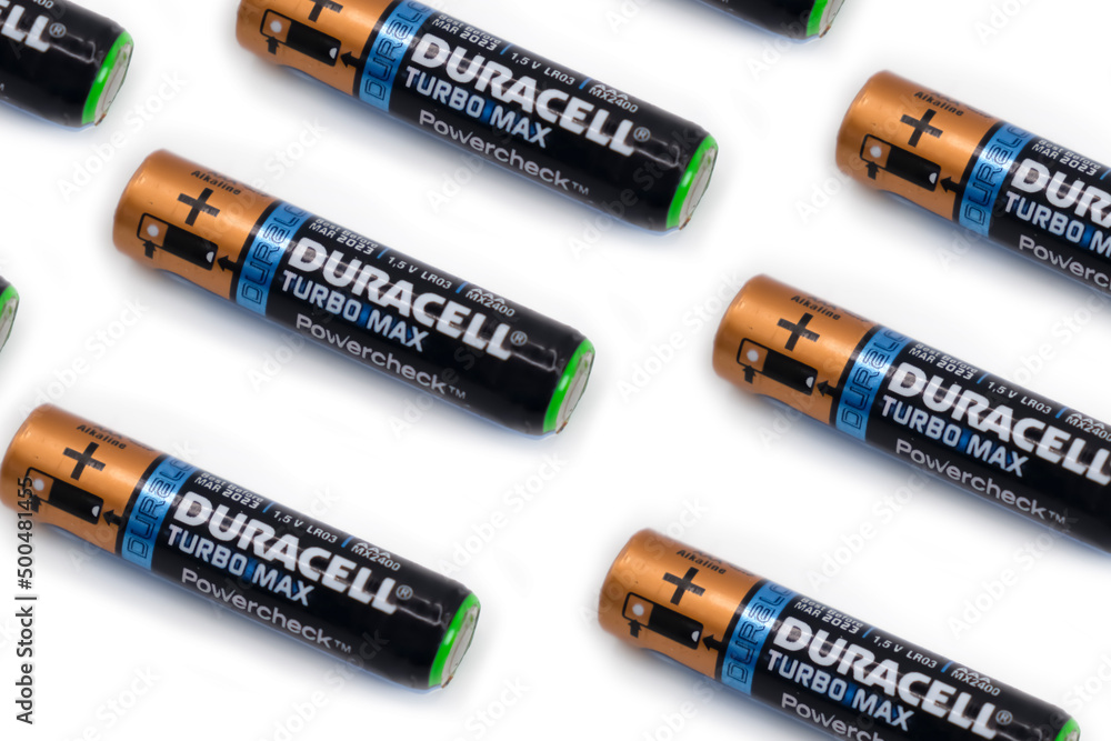 April 22, 2022, Ukraine, the city of Kyiv, Duracell battery on a white  background Stock Photo | Adobe Stock