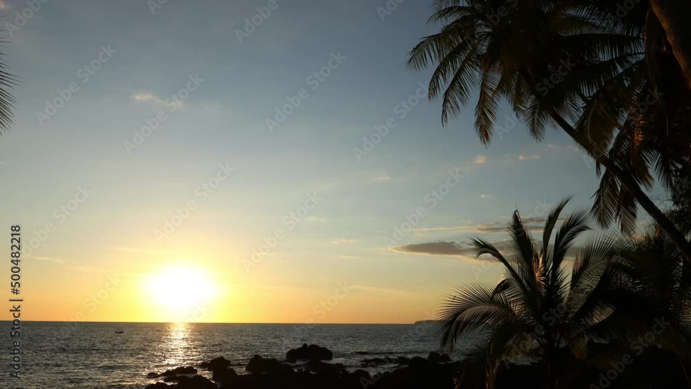 the sun setting behind the horizon on a tropical beach among coconut trees, holiday landscape the sun setting behind the horizon on a tropical beach among coconut trees, holiday landscape