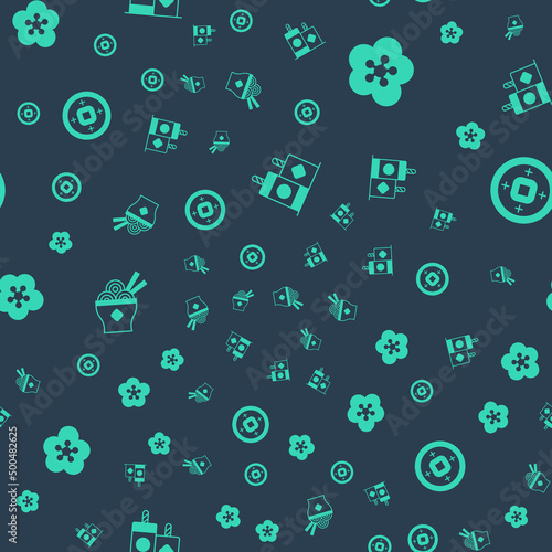 Set Firework, Lotus flower, Asian noodles in bowl and Chinese Yuan currency on seamless pattern. Vector