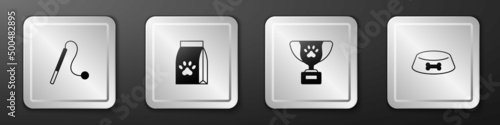 Set Pet cat toy, Bag of food for pet, award symbol and bowl dog icon. Silver square button. Vector