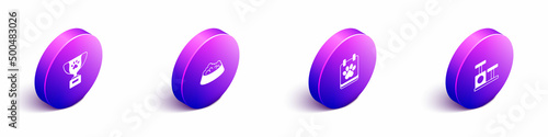 Set Isometric Pet award symbol, food bowl for cat or dog, Calendar grooming and Cat scratching post with toy icon. Vector
