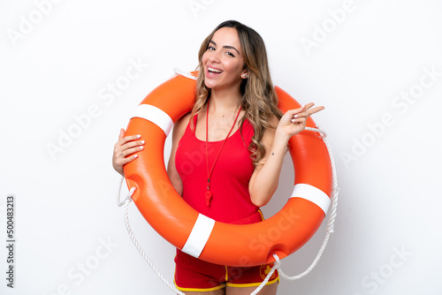 Lifeguard caucasian woman isolated on white background smiling and showing victory sign