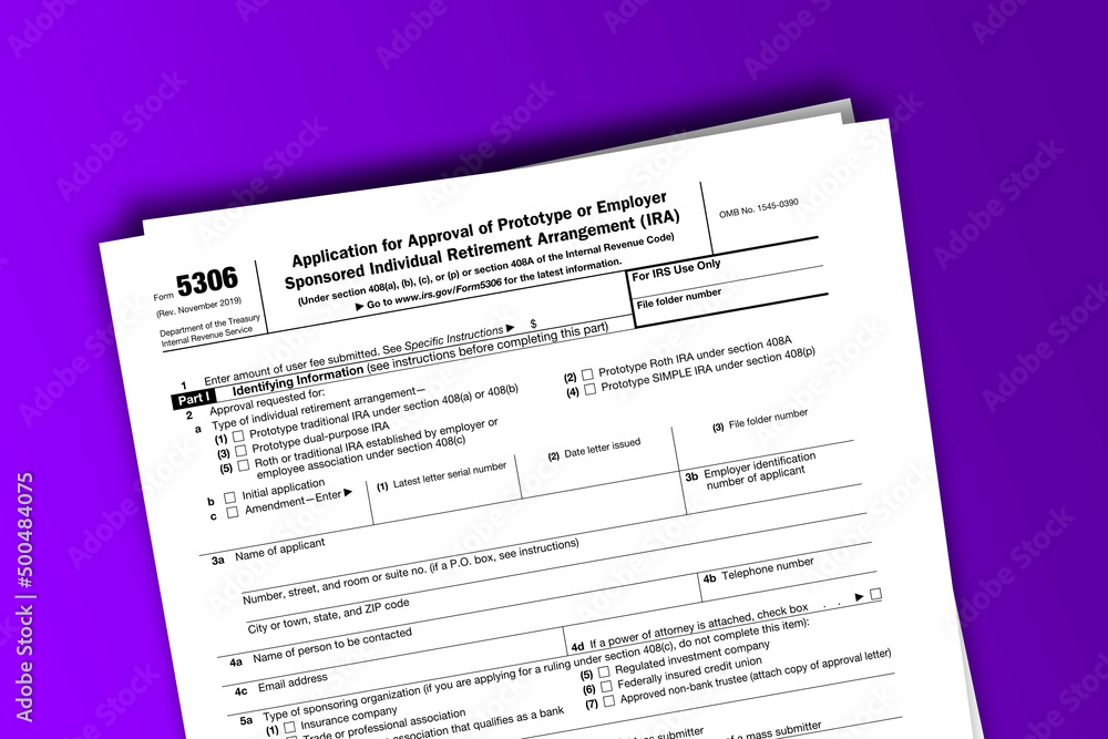 Form 5306 documentation published IRS USA 11.13.2019. American tax document on colored Form 5306 documentation published IRS USA 11.13.2019. American tax document on colored