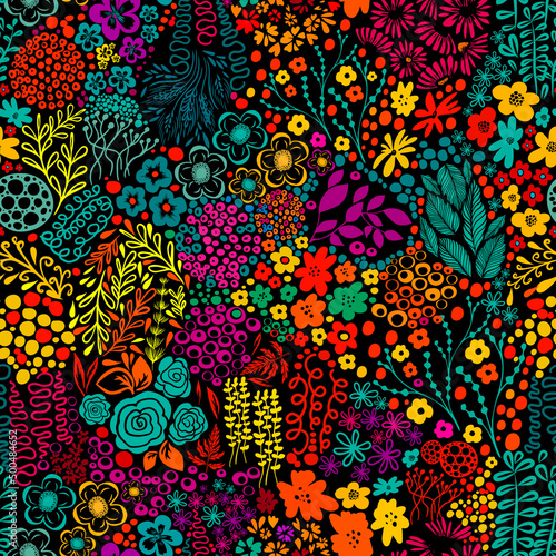 Exotic pheasants with flowers colorful seamless pattern on black background vector illustration