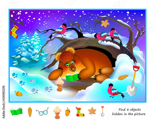 Logic puzzle game for kids. Find 8 objects hidden in the picture. Fisherman catches fish. Educational page for children. Play online. IQ test. Task for attentiveness. Cartoon vector illustration.