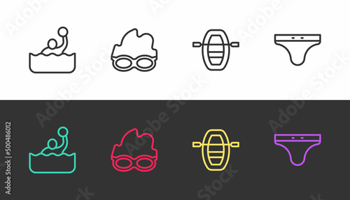 Set line Water polo, Glasses for swimming, Boat with oars and Swimming trunks on black and white. Vector