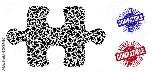 Round COMPATIBLE rough rubber prints with tag inside round forms, and shatter mosaic puzzle item icon. Blue and red stamps includes COMPATIBLE tag. Puzzle item mosaic icon of detritus elements.