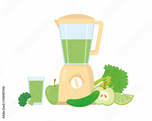 Electric blender with green vegetables and fruits and a glass of green smoothie. Vector illustration in cartoon style
