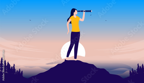 Businesswoman searching for career opportunities with binocular and casual clothing. Female person with ambitions concept. Vector illustration with copy space for text