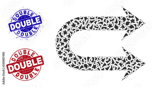 Round DOUBLE unclean stamp seals with tag inside circle forms, and detritus mosaic double right arrow icon. Blue and red stamp seals includes DOUBLE tag.