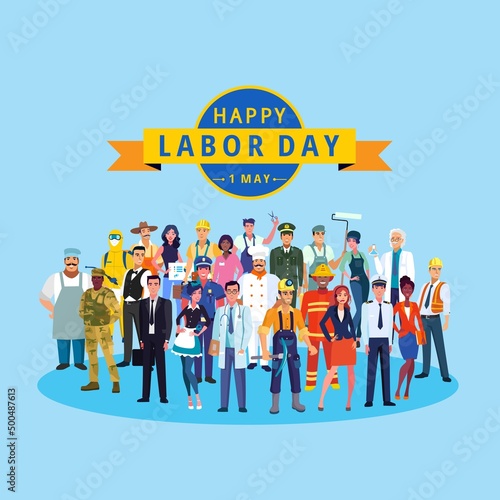 group of people from various professions, 1 may labor day celebration message, social media post design vector. photo