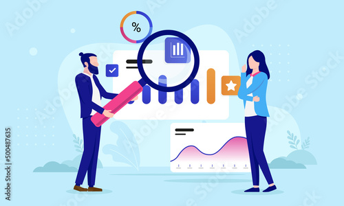 Business data research - Man and woman looking at charts and graphs analysing and contemplating. Flat design vector illustration with blue background