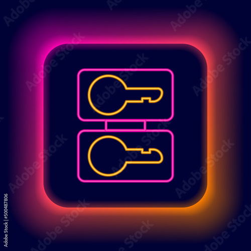 Glowing neon line Metal mold plates for casting keys icon isolated on black background. Set for mass production and forgery of the keys. Colorful outline concept. Vector