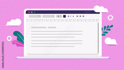 Text edit and word writing software on laptop computer screen with pink background. Vector illustration