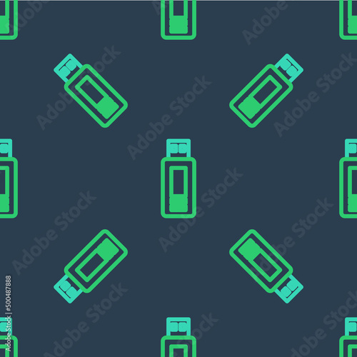 Line USB flash drive icon isolated seamless pattern on blue background. Vector