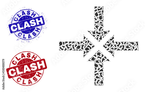 Round CLASH rough stamp seals with tag inside round forms, and spall mosaic compress arrows icon. Blue and red seals includes CLASH text. Compress arrows mosaic icon of shards particles.
