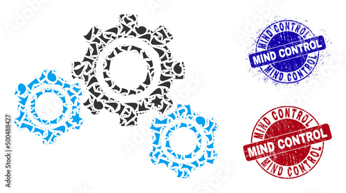 Round MIND CONTROL dirty stamp seals with word inside round forms, and shatter mosaic gears icon. Blue and red stamp seals includes MIND CONTROL title. Gears mosaic icon of shard particles.