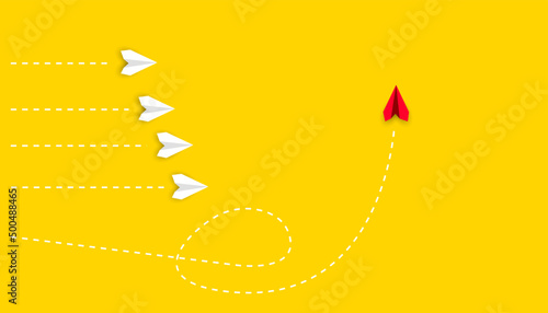 red paper airplane airplane, yellow airplanes in different direction.new idea, change, trend, courage, creative solution, innovation concept.