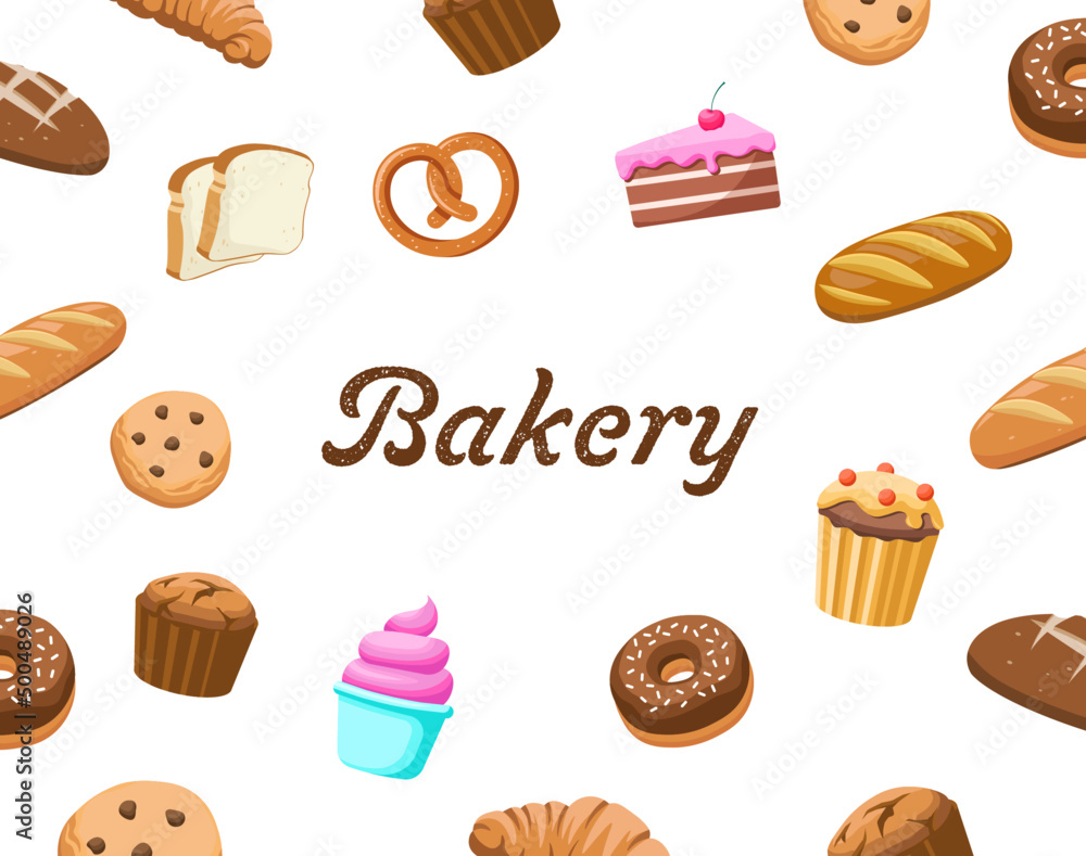 Bakery banner with products and desserts. Bakery poster with pattern with flat vector illustrations. Desserts background. Bakery banner with products and desserts. Bakery poster with pattern with flat vector illustrations. Desserts background.
