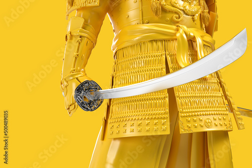 Close-up of samurai holding japanese katana sword. 3D Rendering