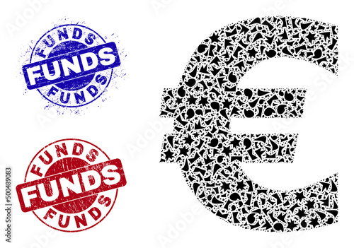 Round FUNDS grunge rubber prints with word inside round forms, and shard mosaic Euro symbol icon. Blue and red stamps includes FUNDS caption. Euro symbol mosaic icon of shard parts.