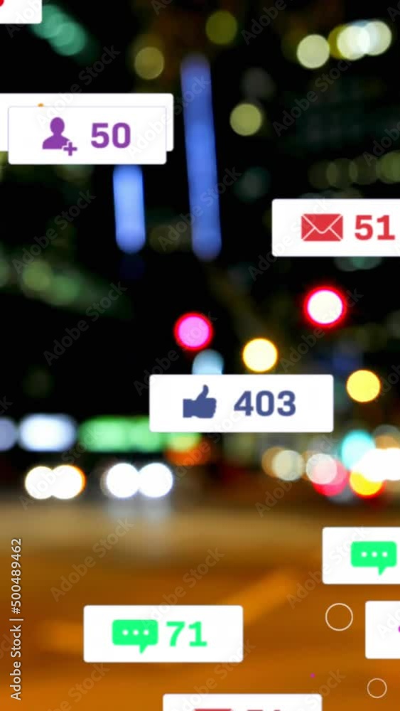 Animation of social media icons and numbers over road traffic and cityscape Animation of social media icons and numbers over road traffic and cityscape