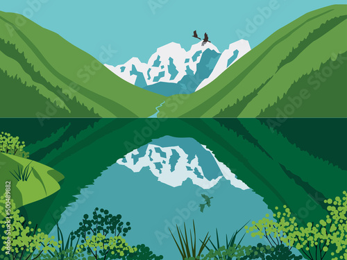 Beautiful mountain lake nature landscape background. Mount river forest vector poster. Sunny day in green mountain calm lake valley cartoon illustration. Summer season alpine wild nature scenic view
