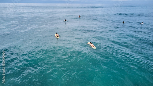 Aerial view of surfers waiting for the wave. Sri Lanka, Midigama. High quality photo