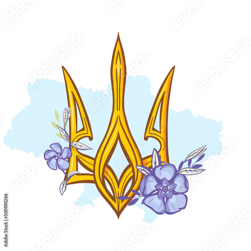 Ukrainian Trident Emblem decorated with Periwinkle Flowers and Sunflower. 